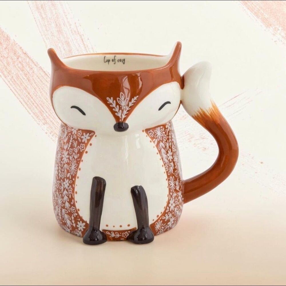 Natural Life Fox Mug: Boho Folk Art Ceramic Coffee Cup 16oz Rare Cup of Cozy